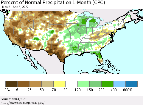 United States Percent of Normal Precipitation 1-Month (CPC) Thematic Map For 3/6/2022 - 4/5/2022
