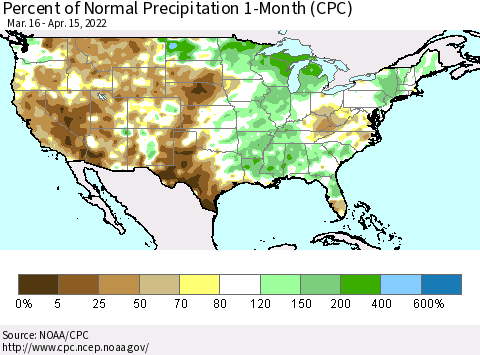 United States Percent of Normal Precipitation 1-Month (CPC) Thematic Map For 3/16/2022 - 4/15/2022