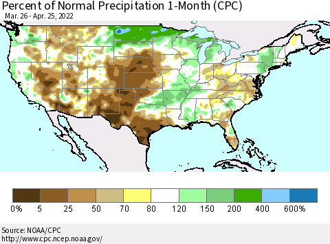 United States Percent of Normal Precipitation 1-Month (CPC) Thematic Map For 3/26/2022 - 4/25/2022