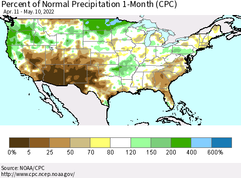 United States Percent of Normal Precipitation 1-Month (CPC) Thematic Map For 4/11/2022 - 5/10/2022