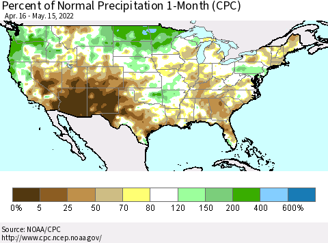 United States Percent of Normal Precipitation 1-Month (CPC) Thematic Map For 4/16/2022 - 5/15/2022