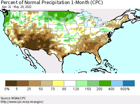 United States Percent of Normal Precipitation 1-Month (CPC) Thematic Map For 4/21/2022 - 5/20/2022