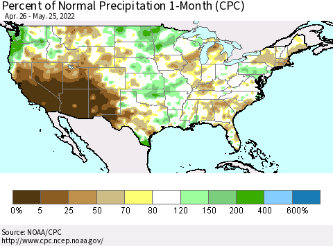 United States Percent of Normal Precipitation 1-Month (CPC) Thematic Map For 4/26/2022 - 5/25/2022