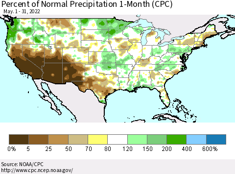 United States Percent of Normal Precipitation 1-Month (CPC) Thematic Map For 5/1/2022 - 5/31/2022