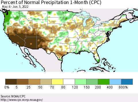 United States Percent of Normal Precipitation 1-Month (CPC) Thematic Map For 5/6/2022 - 6/5/2022