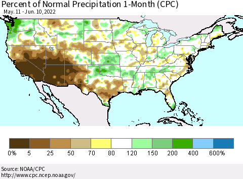United States Percent of Normal Precipitation 1-Month (CPC) Thematic Map For 5/11/2022 - 6/10/2022