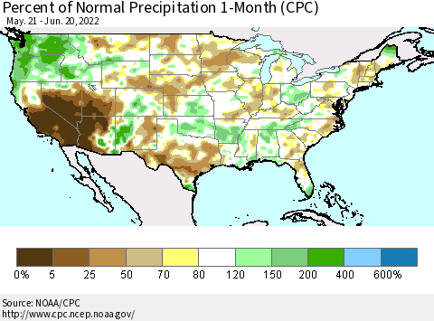 United States Percent of Normal Precipitation 1-Month (CPC) Thematic Map For 5/21/2022 - 6/20/2022