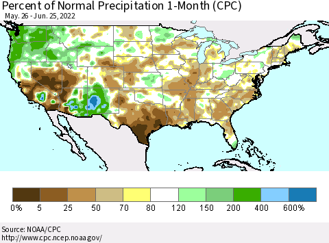 United States Percent of Normal Precipitation 1-Month (CPC) Thematic Map For 5/26/2022 - 6/25/2022
