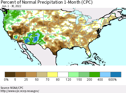 United States Percent of Normal Precipitation 1-Month (CPC) Thematic Map For 6/1/2022 - 6/30/2022