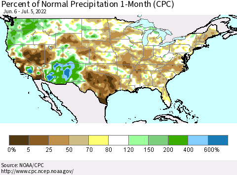 United States Percent of Normal Precipitation 1-Month (CPC) Thematic Map For 6/6/2022 - 7/5/2022