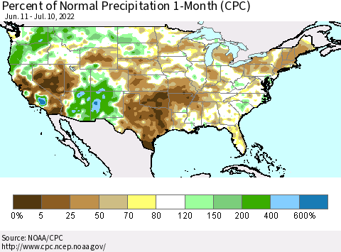 United States Percent of Normal Precipitation 1-Month (CPC) Thematic Map For 6/11/2022 - 7/10/2022