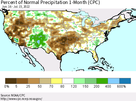 United States Percent of Normal Precipitation 1-Month (CPC) Thematic Map For 6/16/2022 - 7/15/2022