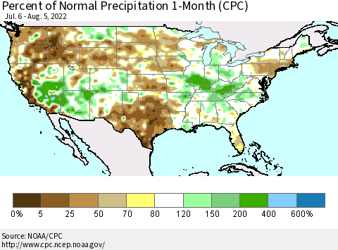 United States Percent of Normal Precipitation 1-Month (CPC) Thematic Map For 7/6/2022 - 8/5/2022