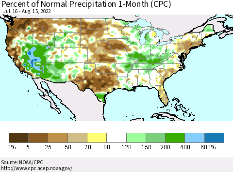 United States Percent of Normal Precipitation 1-Month (CPC) Thematic Map For 7/16/2022 - 8/15/2022