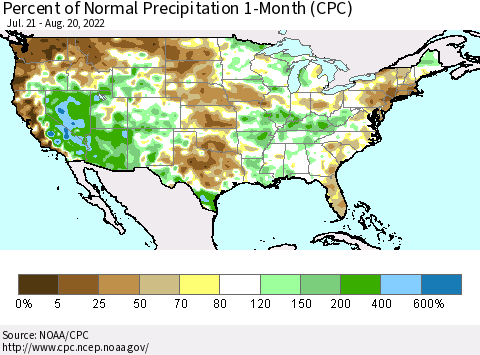 United States Percent of Normal Precipitation 1-Month (CPC) Thematic Map For 7/21/2022 - 8/20/2022