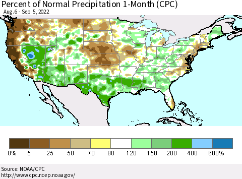 United States Percent of Normal Precipitation 1-Month (CPC) Thematic Map For 8/6/2022 - 9/5/2022