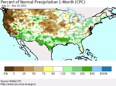 United States Percent of Normal Precipitation 1-Month (CPC) Thematic Map For 8/11/2022 - 9/10/2022