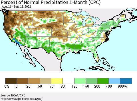 United States Percent of Normal Precipitation 1-Month (CPC) Thematic Map For 8/16/2022 - 9/15/2022
