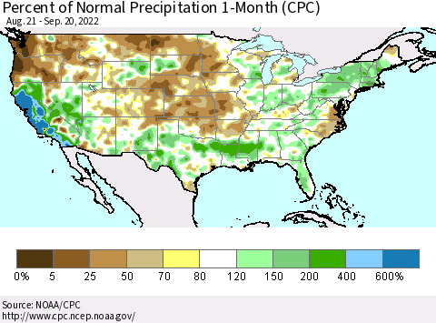 United States Percent of Normal Precipitation 1-Month (CPC) Thematic Map For 8/21/2022 - 9/20/2022