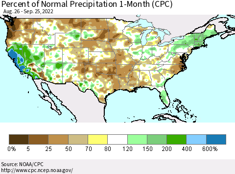 United States Percent of Normal Precipitation 1-Month (CPC) Thematic Map For 8/26/2022 - 9/25/2022