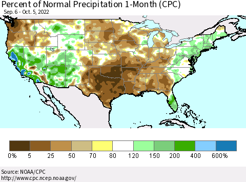 United States Percent of Normal Precipitation 1-Month (CPC) Thematic Map For 9/6/2022 - 10/5/2022