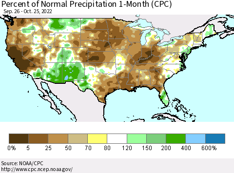 United States Percent of Normal Precipitation 1-Month (CPC) Thematic Map For 9/26/2022 - 10/25/2022