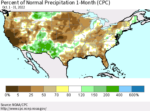 United States Percent of Normal Precipitation 1-Month (CPC) Thematic Map For 10/1/2022 - 10/31/2022