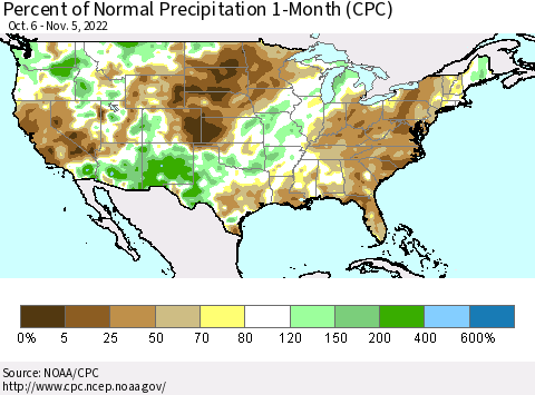 United States Percent of Normal Precipitation 1-Month (CPC) Thematic Map For 10/6/2022 - 11/5/2022