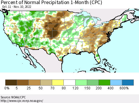 United States Percent of Normal Precipitation 1-Month (CPC) Thematic Map For 10/11/2022 - 11/10/2022