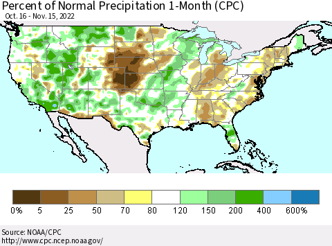 United States Percent of Normal Precipitation 1-Month (CPC) Thematic Map For 10/16/2022 - 11/15/2022