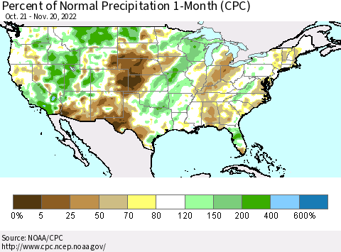 United States Percent of Normal Precipitation 1-Month (CPC) Thematic Map For 10/21/2022 - 11/20/2022