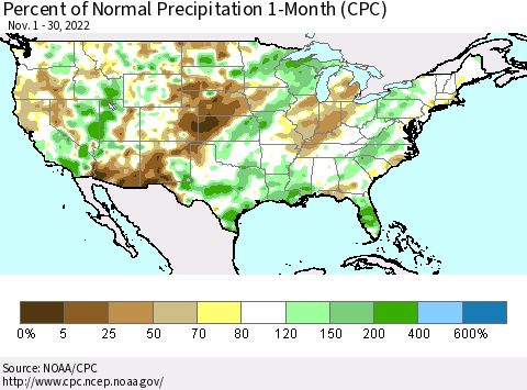 United States Percent of Normal Precipitation 1-Month (CPC) Thematic Map For 11/1/2022 - 11/30/2022