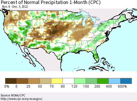 United States Percent of Normal Precipitation 1-Month (CPC) Thematic Map For 11/6/2022 - 12/5/2022