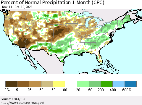United States Percent of Normal Precipitation 1-Month (CPC) Thematic Map For 11/11/2022 - 12/10/2022