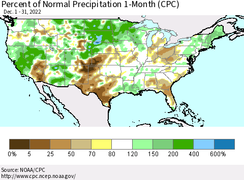 United States Percent of Normal Precipitation 1-Month (CPC) Thematic Map For 12/1/2022 - 12/31/2022