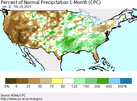 United States Percent of Normal Precipitation 1-Month (CPC) Thematic Map For 1/21/2023 - 2/20/2023