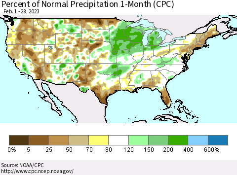 United States Percent of Normal Precipitation 1-Month (CPC) Thematic Map For 2/1/2023 - 2/28/2023