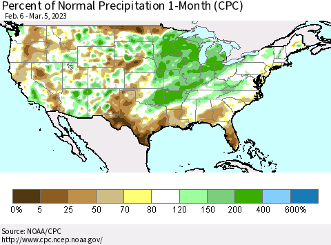 United States Percent of Normal Precipitation 1-Month (CPC) Thematic Map For 2/6/2023 - 3/5/2023