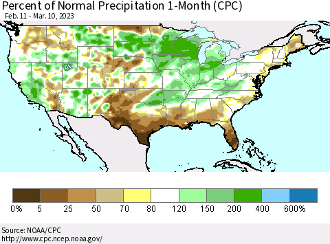United States Percent of Normal Precipitation 1-Month (CPC) Thematic Map For 2/11/2023 - 3/10/2023