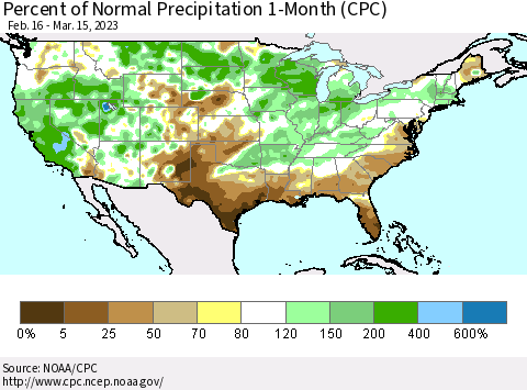 United States Percent of Normal Precipitation 1-Month (CPC) Thematic Map For 2/16/2023 - 3/15/2023
