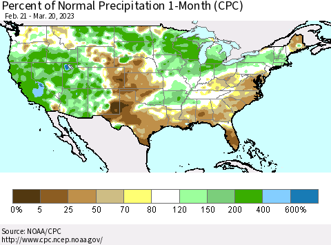 United States Percent of Normal Precipitation 1-Month (CPC) Thematic Map For 2/21/2023 - 3/20/2023