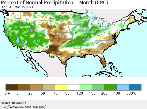 United States Percent of Normal Precipitation 1-Month (CPC) Thematic Map For 2/26/2023 - 3/25/2023