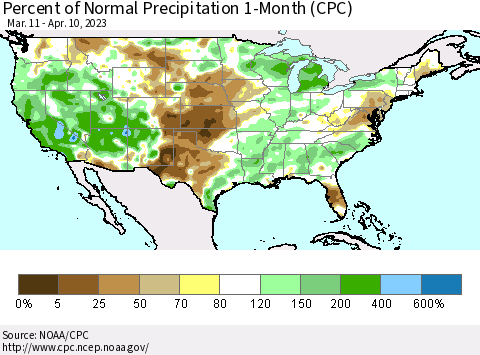 United States Percent of Normal Precipitation 1-Month (CPC) Thematic Map For 3/11/2023 - 4/10/2023
