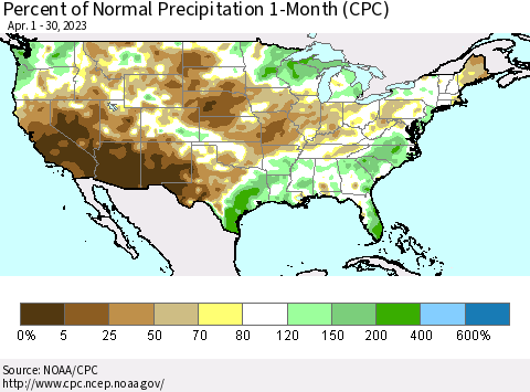 United States Percent of Normal Precipitation 1-Month (CPC) Thematic Map For 4/1/2023 - 4/30/2023