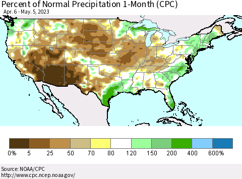 United States Percent of Normal Precipitation 1-Month (CPC) Thematic Map For 4/6/2023 - 5/5/2023