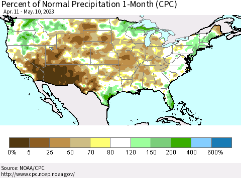 United States Percent of Normal Precipitation 1-Month (CPC) Thematic Map For 4/11/2023 - 5/10/2023