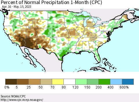 United States Percent of Normal Precipitation 1-Month (CPC) Thematic Map For 4/16/2023 - 5/15/2023