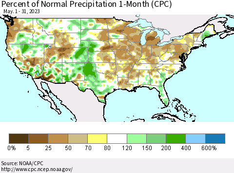 United States Percent of Normal Precipitation 1-Month (CPC) Thematic Map For 5/1/2023 - 5/31/2023