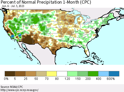 United States Percent of Normal Precipitation 1-Month (CPC) Thematic Map For 6/6/2023 - 7/5/2023