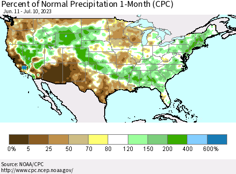 United States Percent of Normal Precipitation 1-Month (CPC) Thematic Map For 6/11/2023 - 7/10/2023